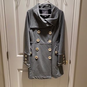 gray medium pea coat with many buttons!